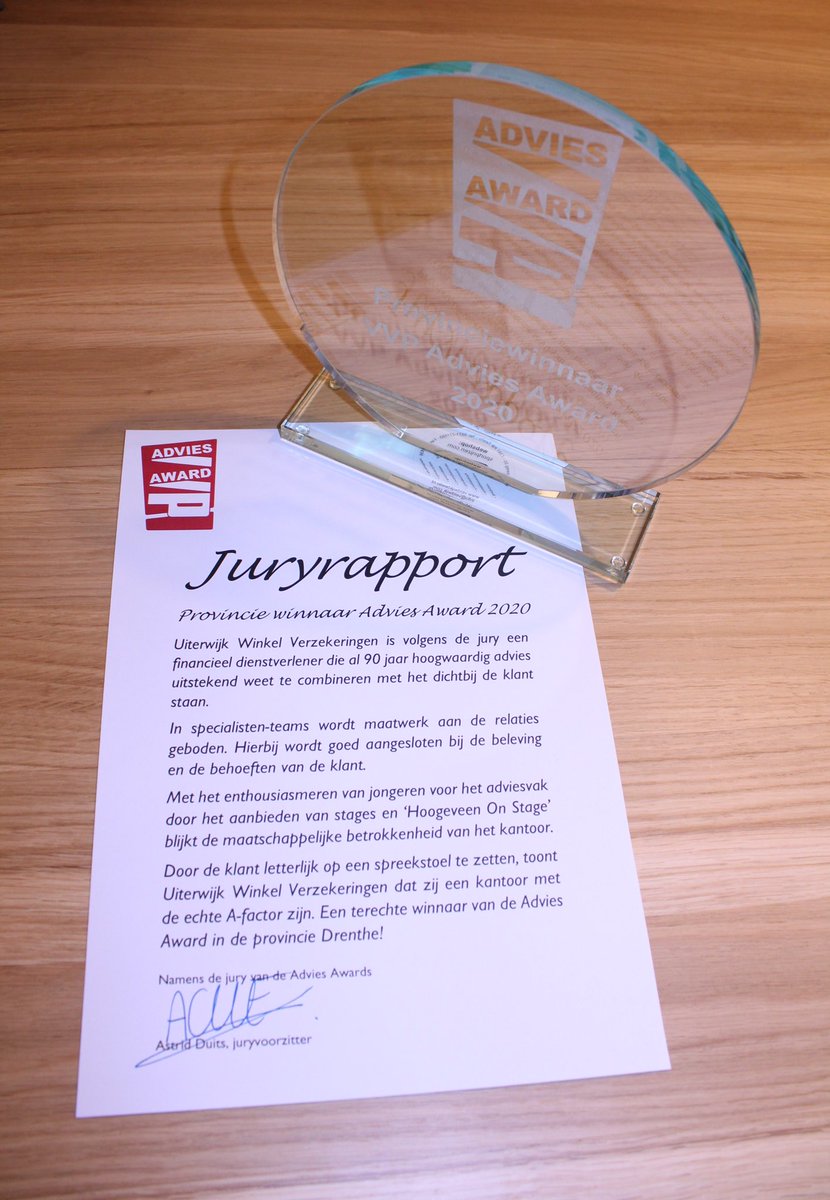 DAAR IS DE PRIJS!! 🏆🥇

Vanmorgen kregen we uit handen van jurylid Astrid Duits de VVP Advies Award als provinciewinnaar van Drenthe uitgereikt! 

Woensdag horen we of we doorgaan met de beste 6 kantoren naar de landelijke halve finale..