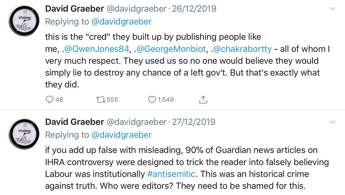 the guardian obituary of david graeber contains zero mentions of one of his primary areas of focus over the past 5 years: supporting corbyn and exposing the smear campaign against him. why? bc as david pointed out the guardian played a crucial role in this. it's his pinned tweet!