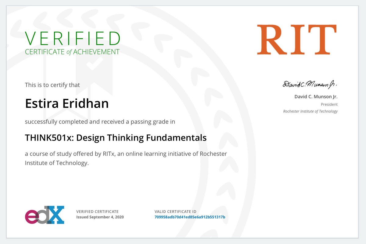 eridhan's tweet photo. After 7 weeks, I now receive my first certificate of achievement from an online course! More to come! :)
#DesignThinking #RITx #EdX #Learning #Reskill #upskillyourself https://t.co/z6JOuBMcNT