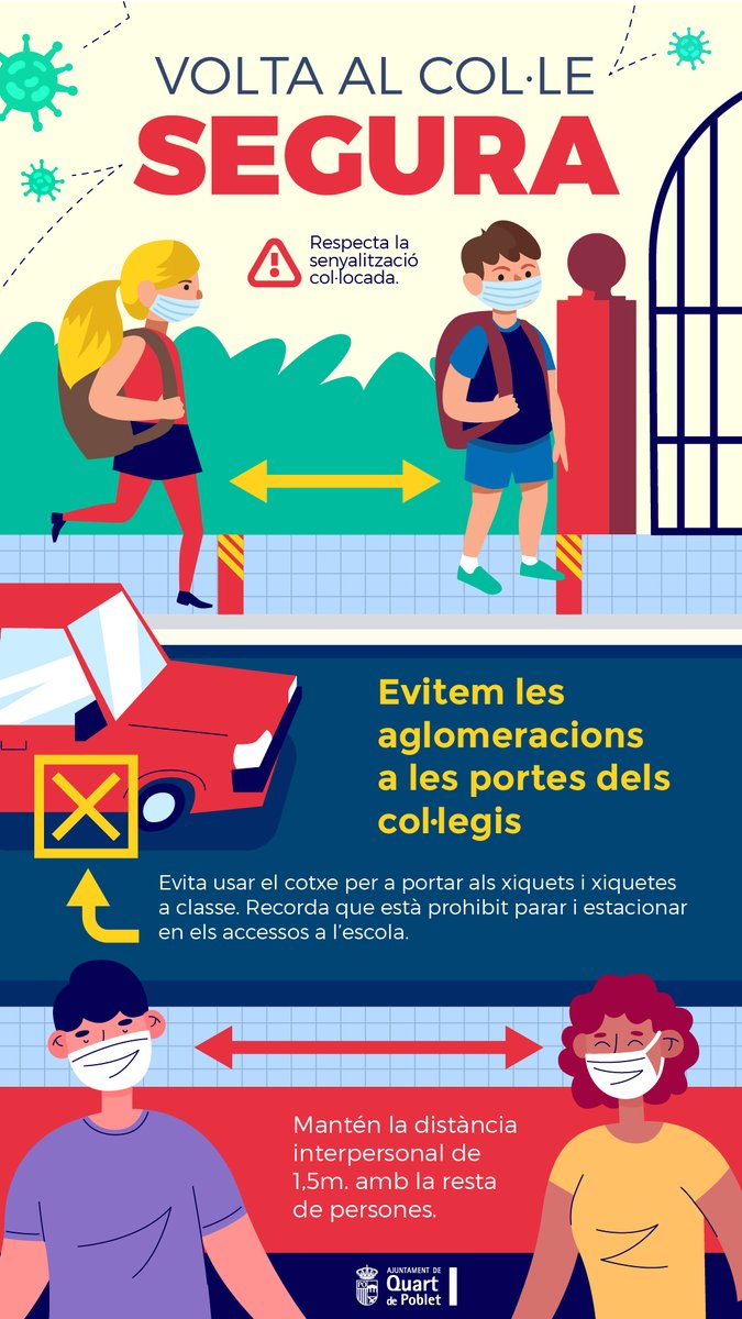 👩🏻‍🏫Per una volta segura a l'escola👨🏽‍🏫
És imprescindible que evitem les aglomeracions a les portes dels col·legis:
(Obrim fil)