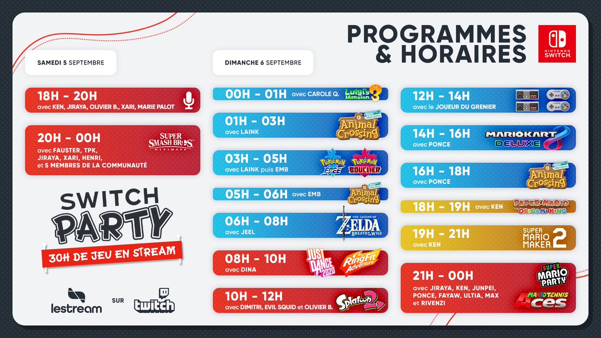 lestreamFR's tweet photo. On se retrouve ce Week-end pour la #SwitchParty !! 🎮 De nombreux invités se relaient pour un gros marathon Nintendo ! Venez participer et gagner plein de cadeaux 🎁

📌Du Samedi 5 Septembre 18h à Dimanche 00h
📺Sur https://t.co/CIcwdR644b https://t.co/CpfYN4nP1p