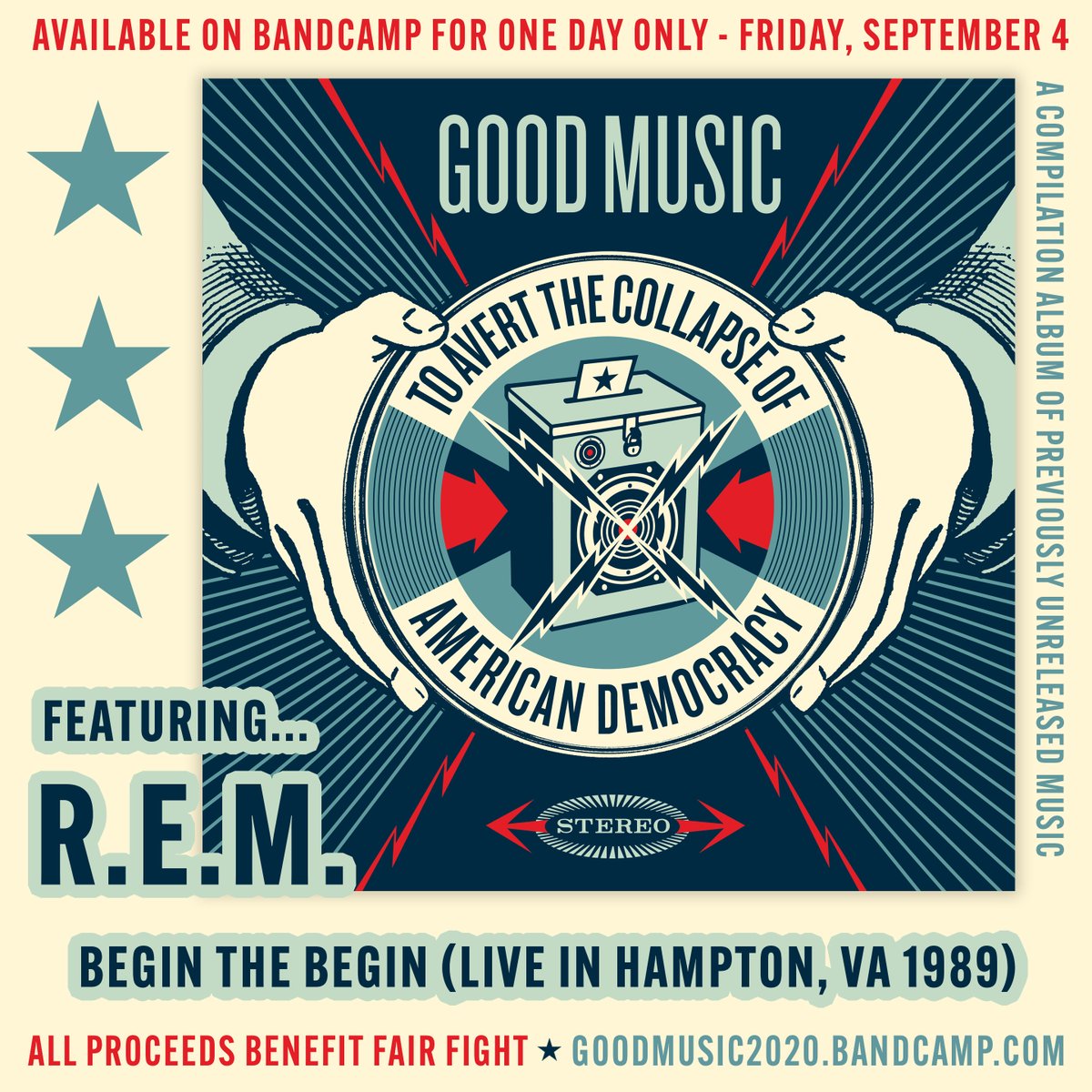 remhq's tweet photo. "Good Music To Avert The Collapse Of American Democracy" is out TODAY ONLY on @Bandcamp! R.E.M. is honored to be part of this compilation album with so many other amazing artists. All net proceeds go to @fairfightaction. It's available until midnight PT! https://t.co/PFXfhAzcIF https://t.co/D3DF8xPLxc