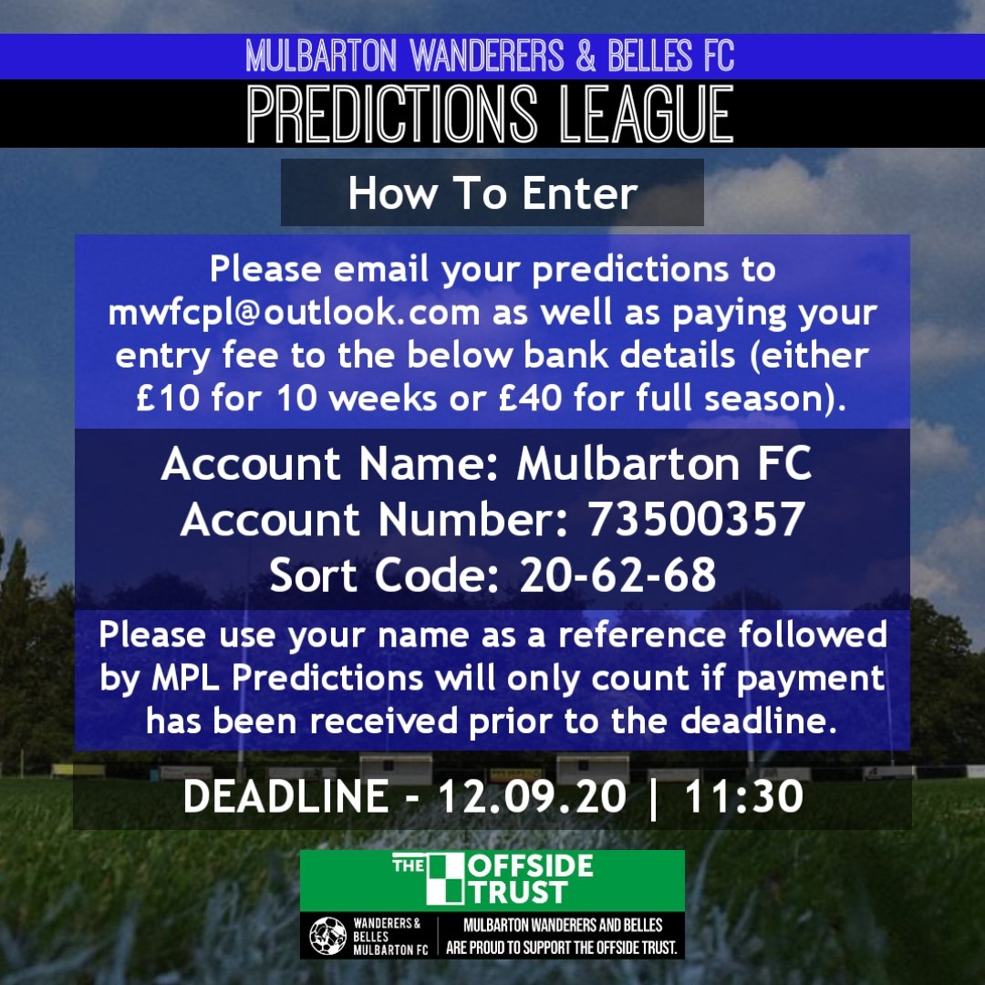 PREDICTIONS LEAGUE | WEEK ONE Here are the first set of fixtures for our new predictions league that is kicking off next weekend. Simply predict the score of each game and the person who picks up the most points will win half the pot. #MWFC #PredictionsLeague