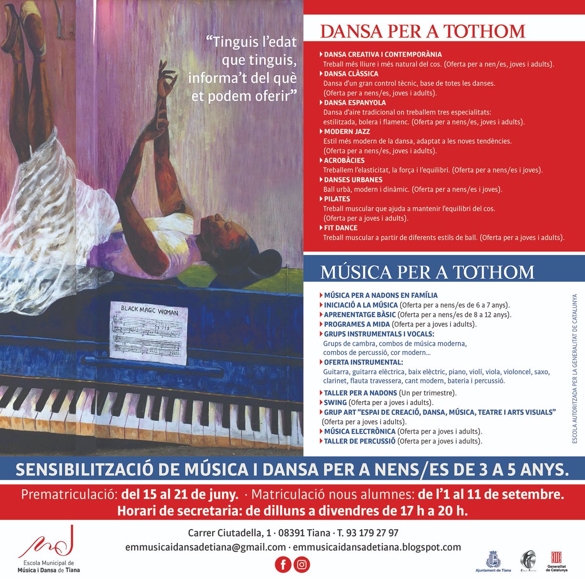 Aj_Tiana's tweet photo. 🗣️📢A l'@EMMD_TIANA ja podeu fer la matrícula per a les classes o tallers de música i dansa🎼🕺💃.
Més informació ⬇️
https://t.co/RDgVca8ewp
#TianaÉsMúsica #TianaÉsDansa #TianaÉsEducació https://t.co/WCMgnMciaK