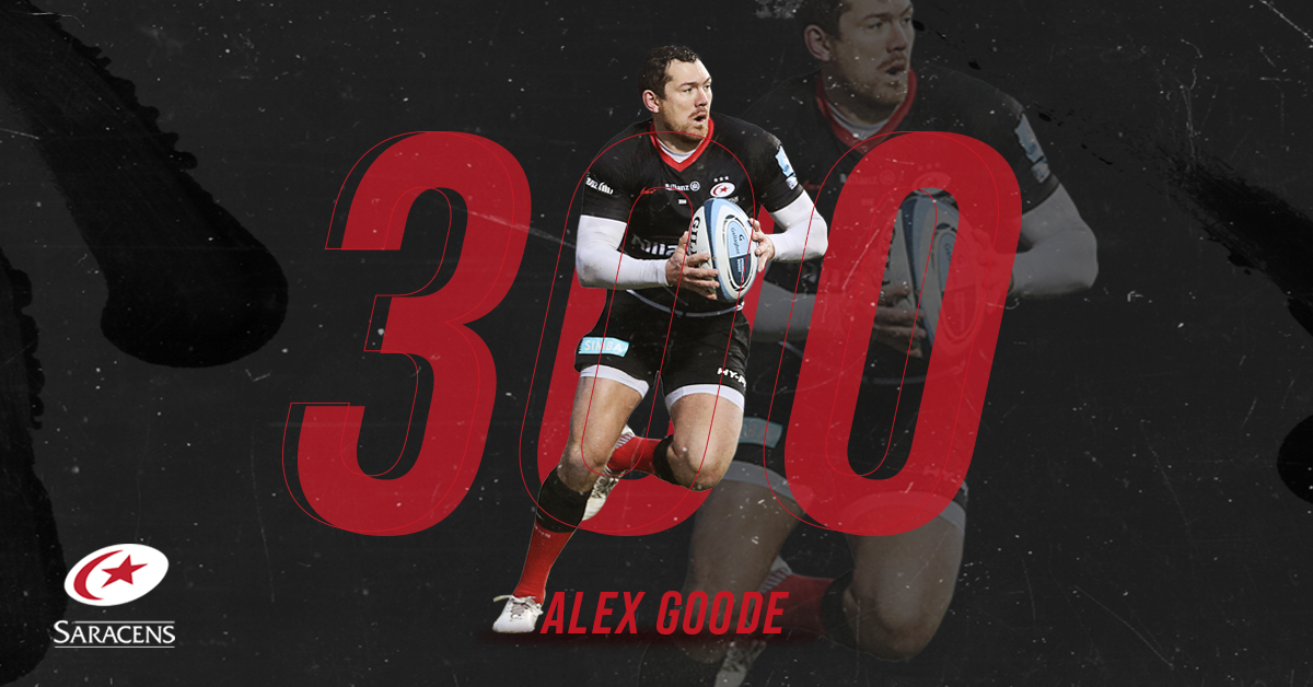 Saracens's tweet photo. A huge congratulations to @Alex_goode0 who will make his 300th Saracens appearance on Saturday - only the fourth player in our history to reach that milestone 🔥

An outstanding achievement 👏

#TogetherSaracens ⚫🔴 https://t.co/QExg0SdYv9