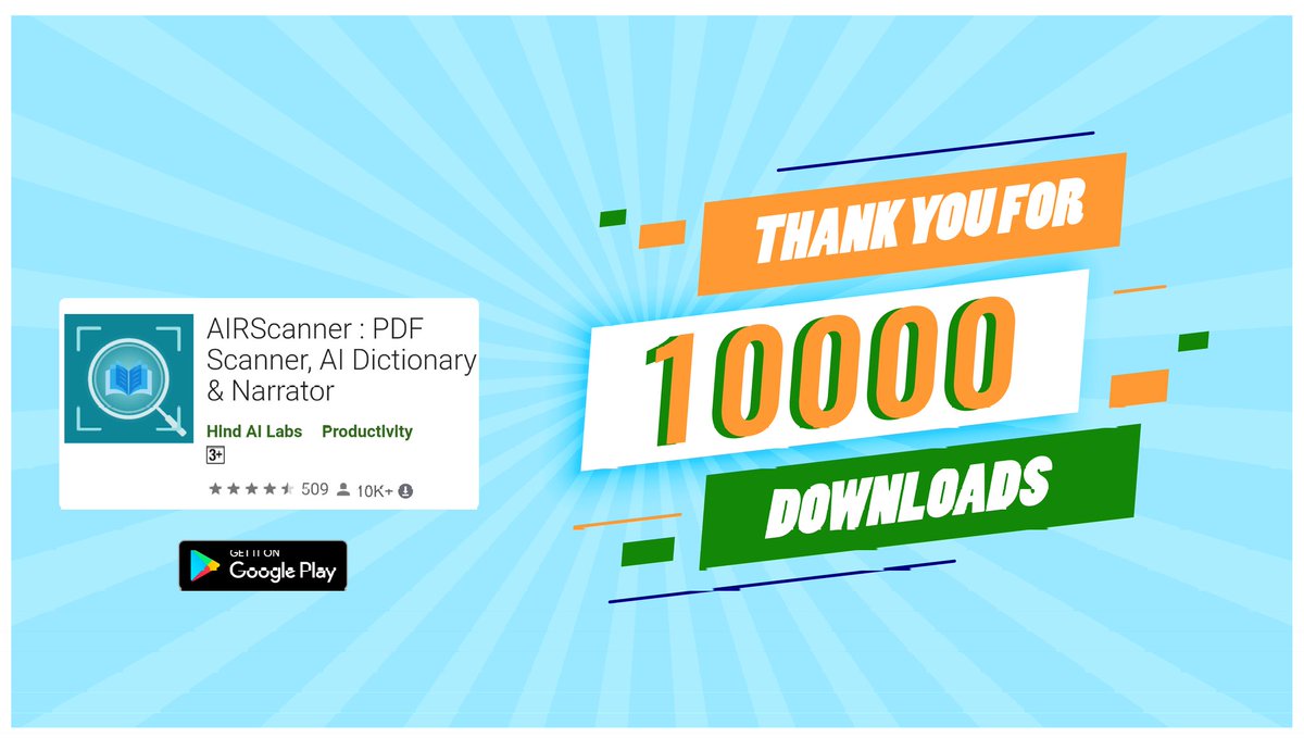 air_scanner's tweet image. India kaa best Document Scanner with AI Technology reached 10K+ installs ❤️ 

Download #AIRScanner now: play.google.com/store/apps/det…

#ArtificialIntelligence
#AtmanirbharBharat #Swadeshi
#Scanner