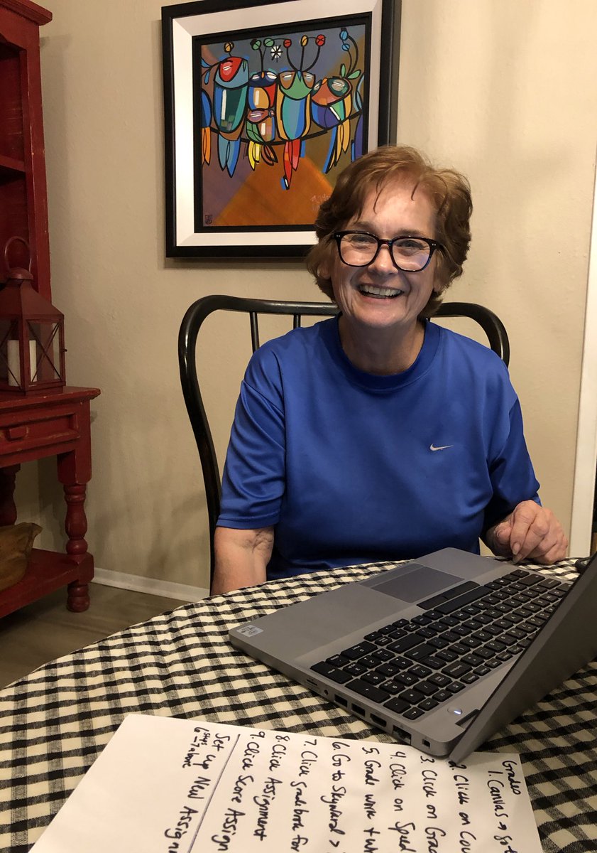 SalleeClark's tweet photo. When your sweet mother in law is a long term sub... she gets the deluxe @CanvasLMS @MicrosoftTeams and Skyward training at home. 💜 She is going to rock #RemoteLearning! 🎉🙌😊 #GoPam #MIEExpert #MicrosoftEDU https://t.co/dEThV6Rf9W