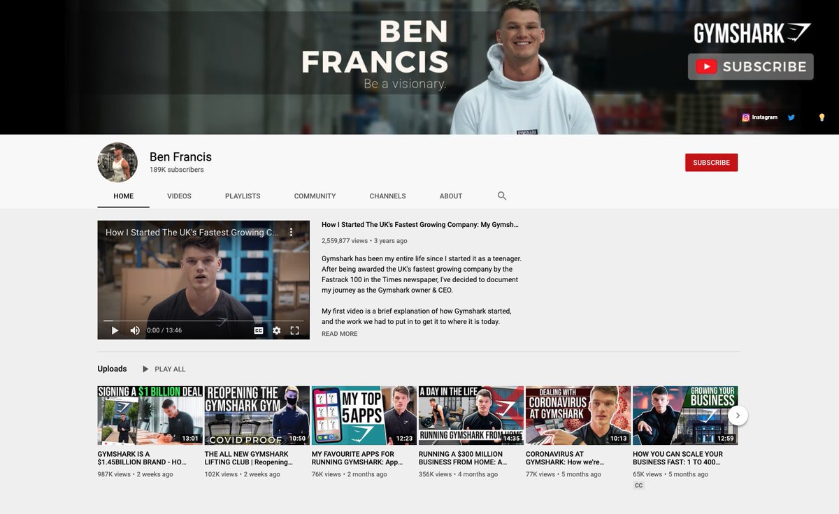 And since influencer marketing is becoming unprofitable, the next step is making the influencers themselves.They are starting with a Youtube channel where Ben Francis – who is a good-looking, athletic 28-year-old millionaire – vlogs about his life and running Gymshark.