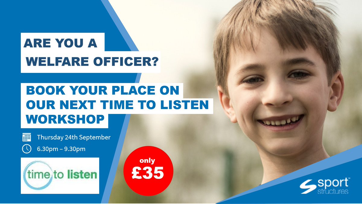 SportStructures's tweet photo. Are you a welfare officer?

The Time to Listen workshop, developed by the CPSU, provides Welfare Officers with confidence to support you in your role. Our next workshop is: 
📅 24th September
⏰6.30-9.30 pm 

Book now:  https://t.co/plo2SEXB2F
@SportBirmingham https://t.co/cfYyFnIPJh