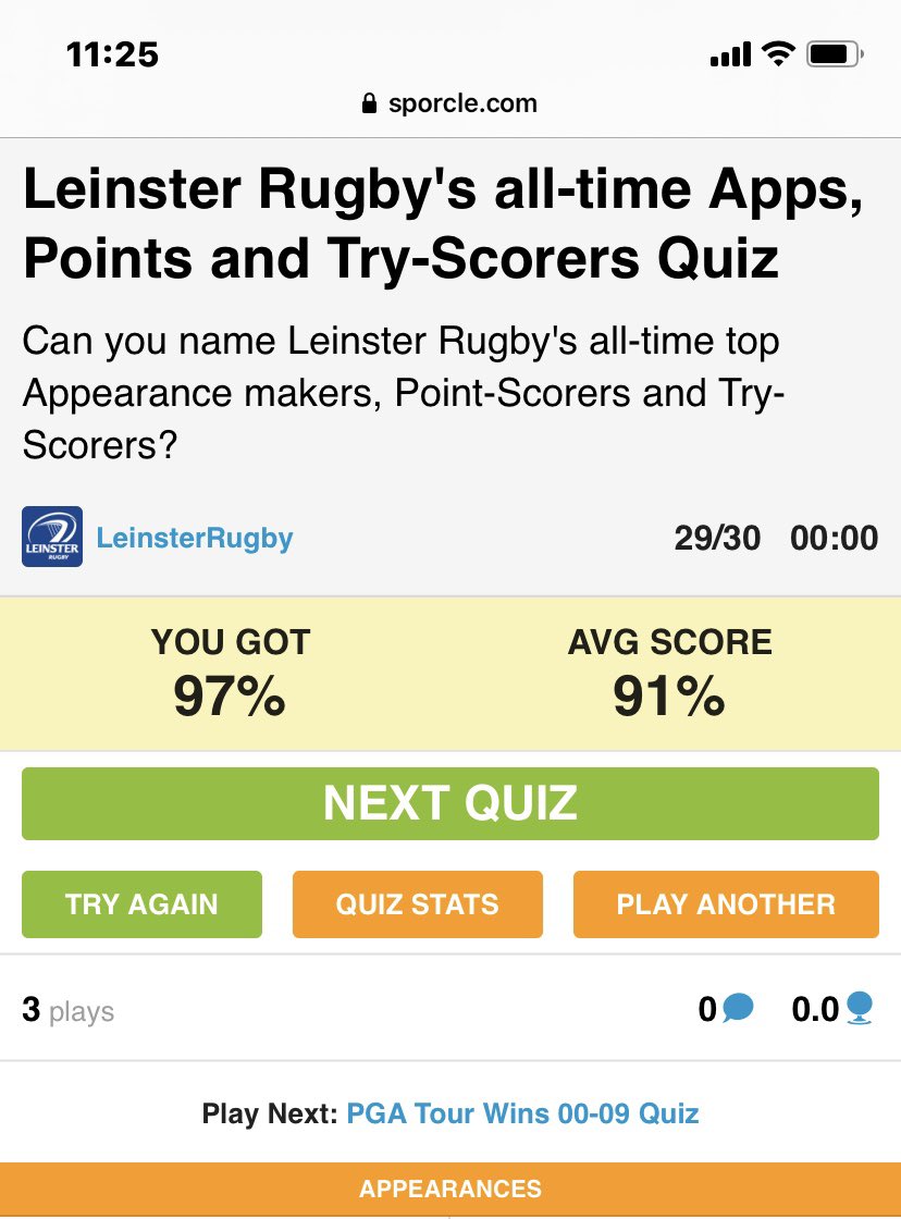 MiriamCol's tweet photo. @BearingPoint_IE @leinsterrugby I got 29/30. Missed one of the high scorers - I know who it was now because he was named here. I think we all missed the same poor player - I hope heโs not on social media and realises weโve all forgotten him. #SorryAlan https://t.co/nCRBWlYCAC