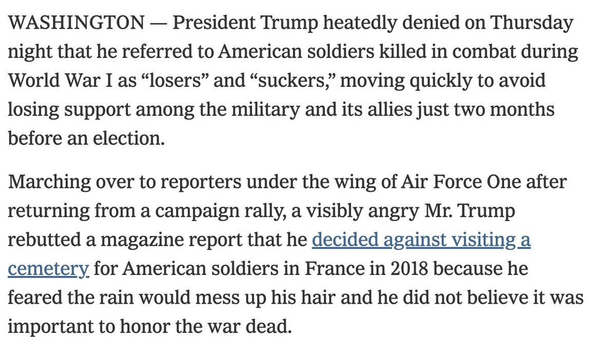 Here, the ACTUAL LEAD of a  @peterbakernyt /  @maggieNYT story is that Trump *moved quickly* to deny a damning report.  https://www.nytimes.com/2020/09/04/us/politics/trump-veterans-losers.html