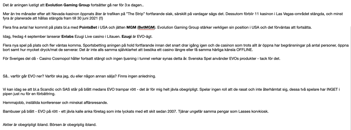 MrAndr10's tweet photo. $EVO har enorma tillväxtmöjligheter framför sig och pengarna bara strömmar in - Varför står vi på rött? Helt galet. 

Evolution Gaming Group - Jag var tvungen att skriva v mig.

#evogaming #pratapengar #finanstwitter #aktier #börsen #omx30 #dax #köprek #ekonomi #avanza #evo #bet https://t.co/oxhQlQjBBP