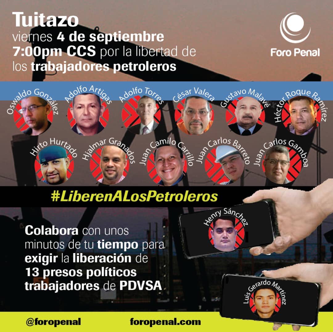 #4Sep Hoy a las 7PM conviértete en la voz de los trabajadores petroleros injustamente encarcelados. Apóyanos con este #TUITAZO por su libertad #LiberenALosPetroleros