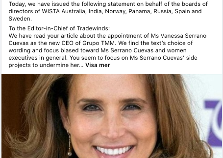 The Boards of Directors of WISTA Australia, India, Norway, Panama, Russia, Spain and Sweden have today issued a joint statement regarding an article in <a href="/tradewindsnews/">TradeWinds</a>. Read more: facebook.com/WistaSweden/ 
<a href="/WISTASweden/">WISTA Sweden</a> <a href="/WISTAInt/">WISTA International</a> #maritime #sjöfart