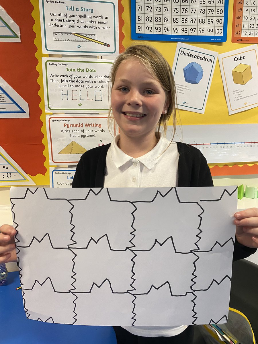 mrsjkirkhope's tweet photo. Today we were learning about Tessellation and making shapes fit together with no gaps. We created our own templates and made our designs. #proudfaces @LawmuirPS https://t.co/lbgsUWNSoI