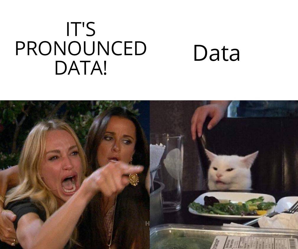 Fusion75llc's tweet photo. So which is it - data or data?

We say data.

#fridayFunnies #data #analytics https://t.co/34hLJAJhYv