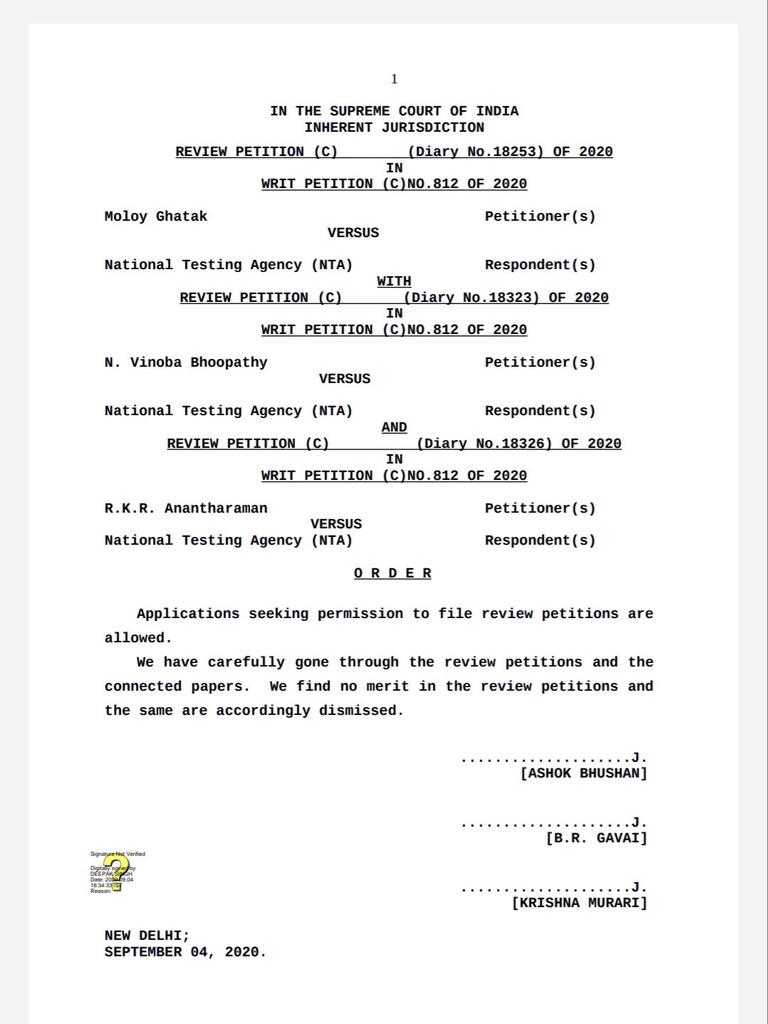 Here is the final verdict of supreme court.@ANI @sakshijoshii @Swamy39 @LicypriyaK @HansrajMeena @Chunni_lal_sahu #JEEMains #JEE_NEETStudentsInSCForJustice