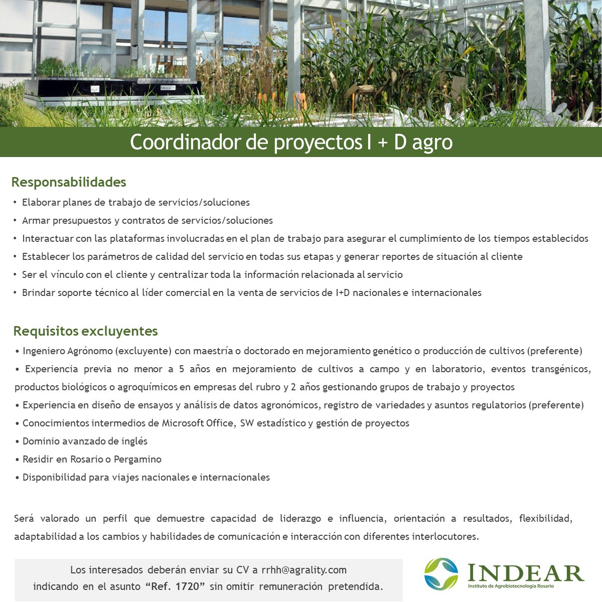 grupobioceres's tweet photo. #OportunidadLaboral #Agro
Desde INDEAR + Agrality se busca Ing. Agrónomo para coordinar proyectos I+D agro. 
Requisito y más info👉https://t.co/5QQR6HOCVn
Enviar CV a rrhh@agrality.com con el asunto “Ref. 1820", sin omitir remuneración pretendida. https://t.co/N7yVCzkic7