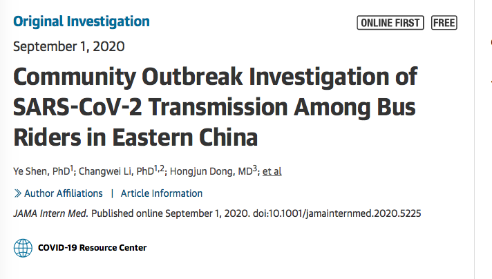 1/ Outbreak investigation:  #covid19 super-spreading event on a bus in China.This study in  @JAMA_current is compelling.They describe notable spread of  #covid19 throughout a bus that had recirculating air via AC system. Thread https://jamanetwork.com/journals/jamainternalmedicine/fullarticle/2770172