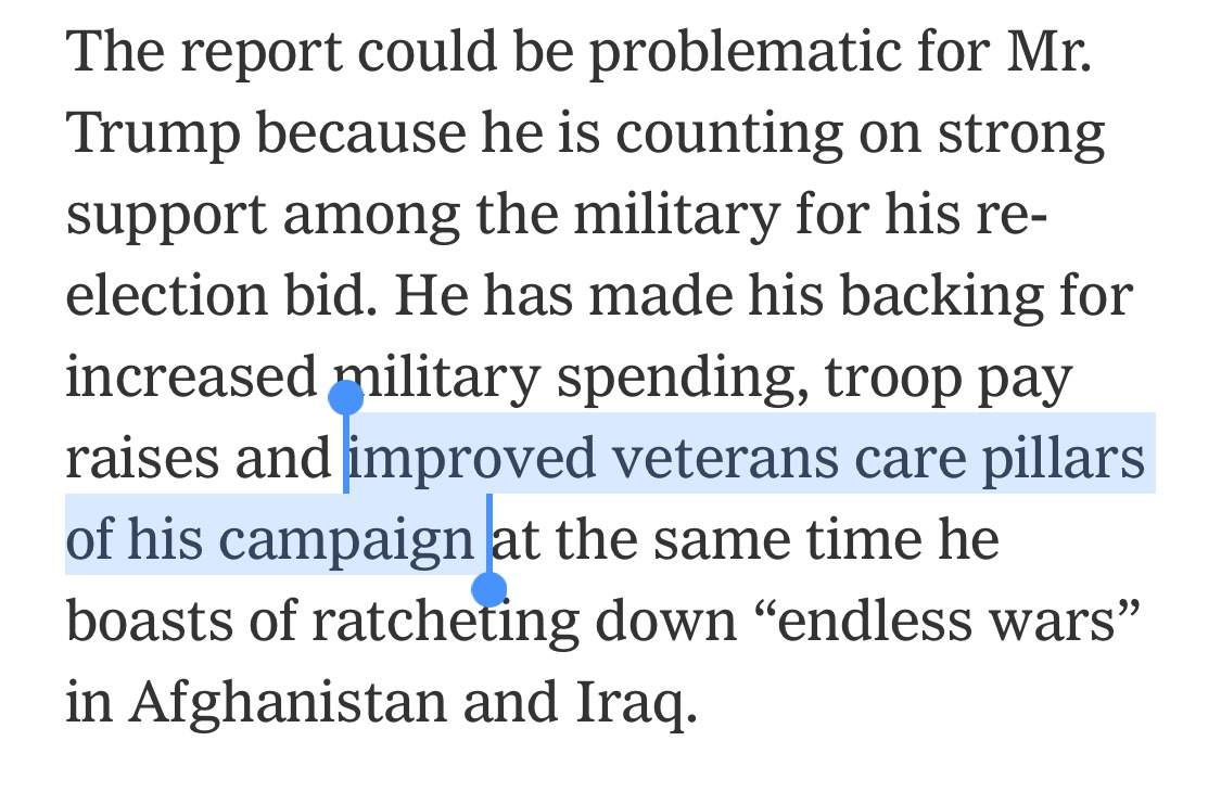 In a report leading with Trump’s non-credible denial, the Times asserts that Trump has made “veterans care [a] pillar[] of his campaign,” without even a passing note that the main appeal on this score (that he “signed veterans‘ choice) is an outright lie.  https://www.nytimes.com/2020/09/04/us/politics/trump-veterans-losers.html#click=https://t.co/MiusvliVYa