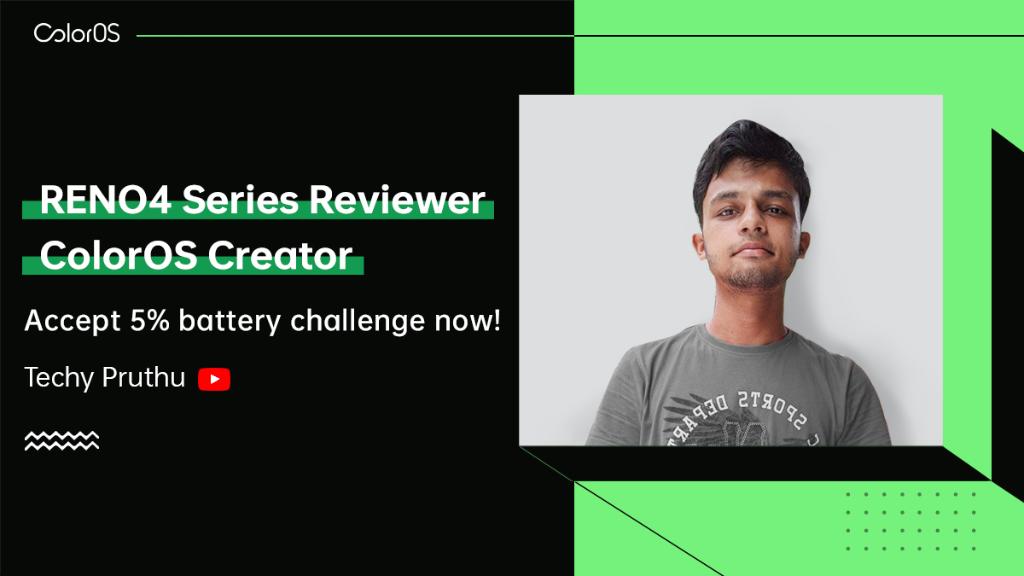 colorosglobal's tweet photo. #RENO4Series Reviewer Debut 😎

A tech fanatic @techypruthu accepted our Super Power Saving Challenge🔋 with #ColorOS 7.2 on #Reno4Pro. 

What did he do with only 5% battery left? Discover now 👉 https://t.co/SSjc9B2X3S
 
#RENO4Me #FunWithColorOS #SuperPower⚡ https://t.co/RCYOwHtzAx