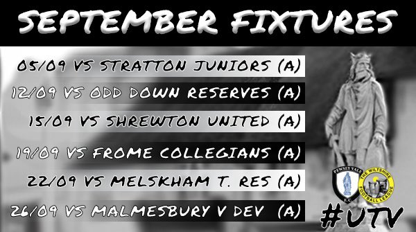 pewseyvalefc's tweet photo. FIXTURE NEWS | Here’s a quick look at the 6️⃣ @WiltsLeague games in September for the Vale

#UTV ⚪️⚫️ https://t.co/G7aIvCpTTW
