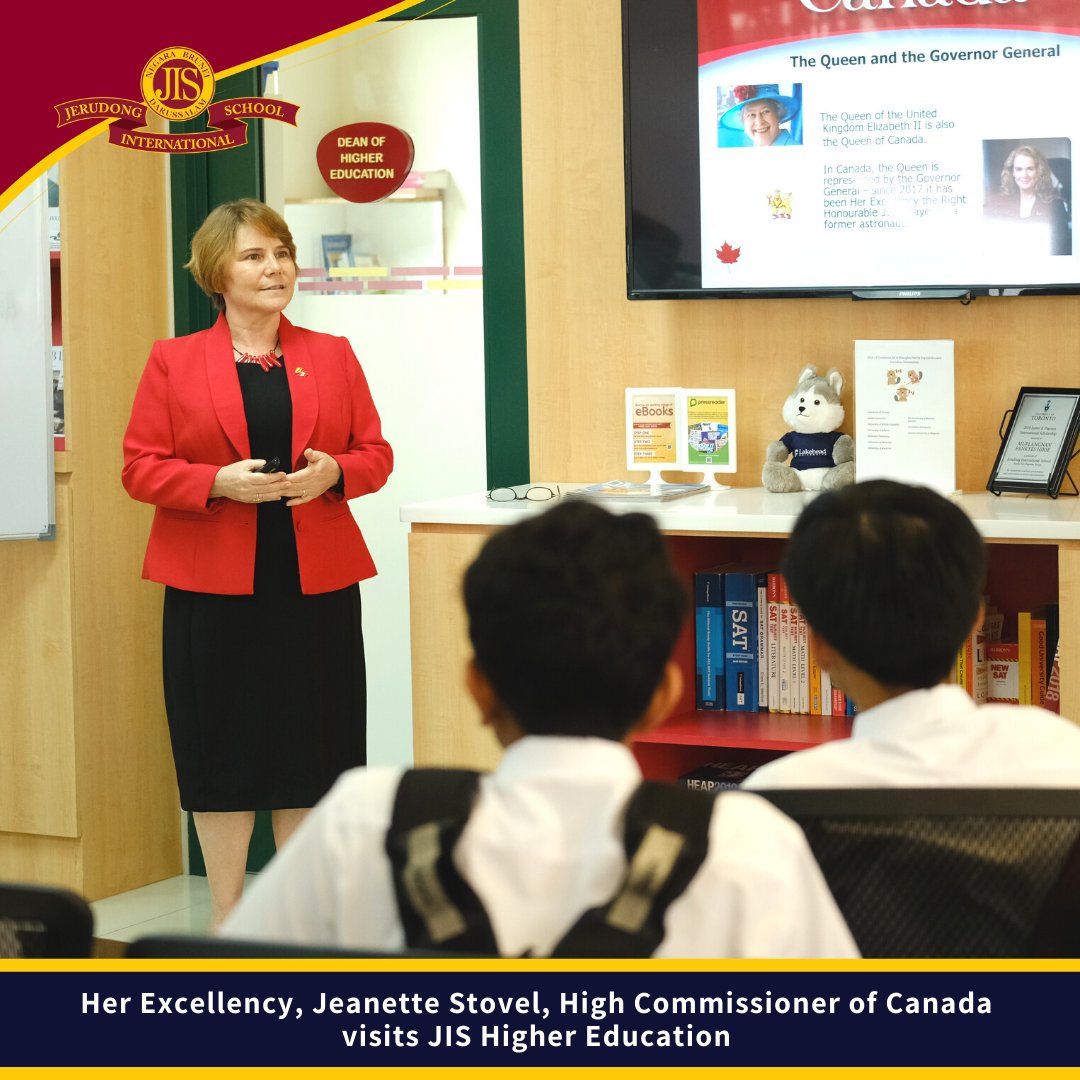 JISBrunei's tweet photo. Her Excellency, Jeanette Stovel, High Commissioner of #Canada (@CanHCBrunei) enlightened Year 12 & 13 students with an interactive quiz & an informative talk on 'Why study in Canada?' when Her Excellency visited the @JISHigherEd faculty earlier this week. #StudyInCanda #JISBrunei https://t.co/k1E4H3wInU