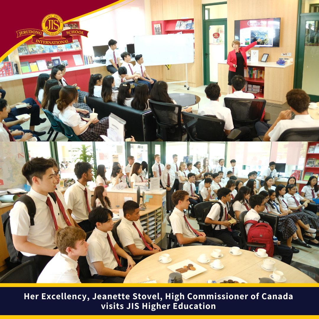 JISBrunei's tweet photo. Her Excellency, Jeanette Stovel, High Commissioner of #Canada (@CanHCBrunei) enlightened Year 12 & 13 students with an interactive quiz & an informative talk on 'Why study in Canada?' when Her Excellency visited the @JISHigherEd faculty earlier this week. #StudyInCanda #JISBrunei https://t.co/k1E4H3wInU