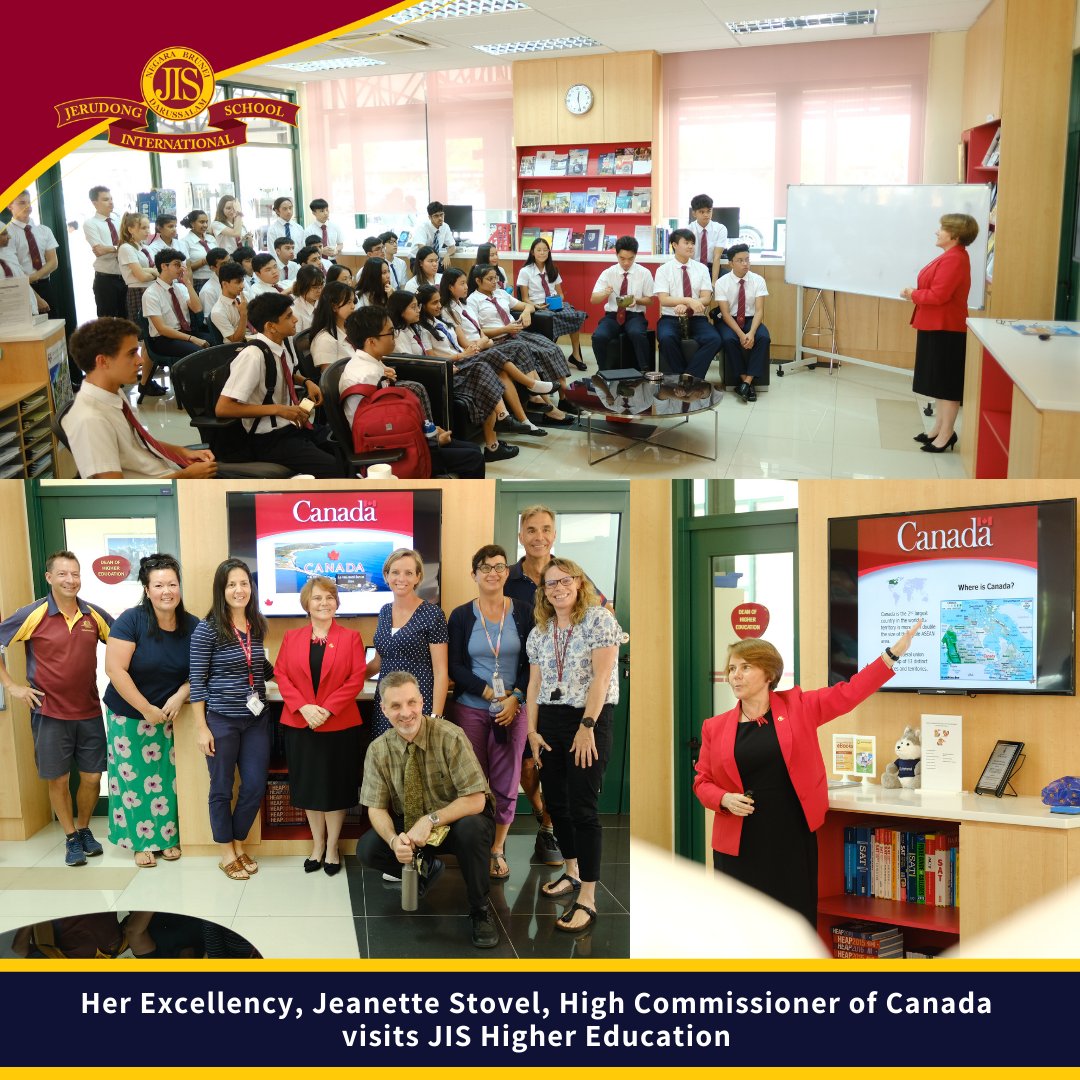 JISBrunei's tweet photo. Her Excellency, Jeanette Stovel, High Commissioner of #Canada (@CanHCBrunei) enlightened Year 12 & 13 students with an interactive quiz & an informative talk on 'Why study in Canada?' when Her Excellency visited the @JISHigherEd faculty earlier this week. #StudyInCanda #JISBrunei https://t.co/k1E4H3wInU
