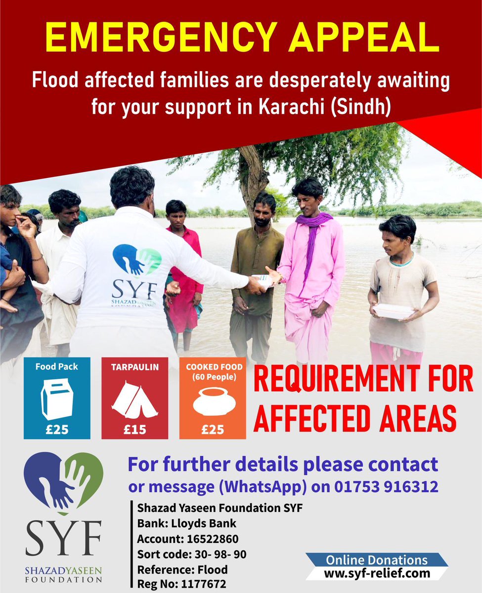 syf_relief's tweet photo. ⭕️ SYF Emergency Appeal  ⭕️ 

We are witnessing the most disastrous rain in the history of Pakistan, as homes &amp; #livelihood are being destroyed; on top of waterborne diseases looming ahead.
#Donate towards this emergency appeal #Floods #SYF https://t.co/1r4tWQmGcm