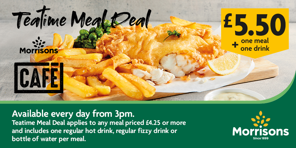 Morrisons's tweet photo. It’s National Fish & Chip Day so it would be rude not to celebrate with Fish & Chips and a drink for £5.50 in our cafe.
#NationalFish&ChipDay #MorrisonsCafe https://t.co/fSwBU4JhGs