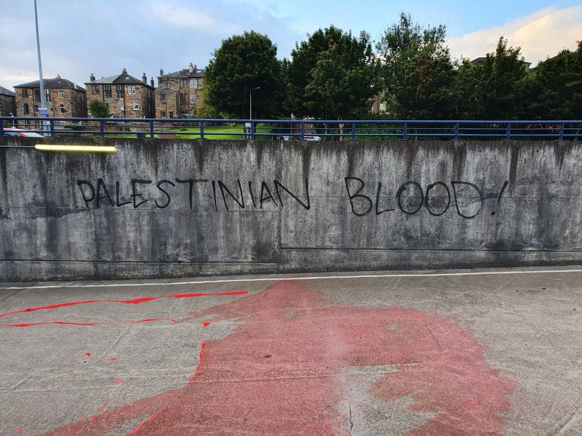 Liam_O_Hare's tweet photo. The path of the Israeli football team’s bus has been painted blood red by activists in Glasgow ahead of tonight’s Nations League game against Scotland. https://t.co/CTalnsvyTd