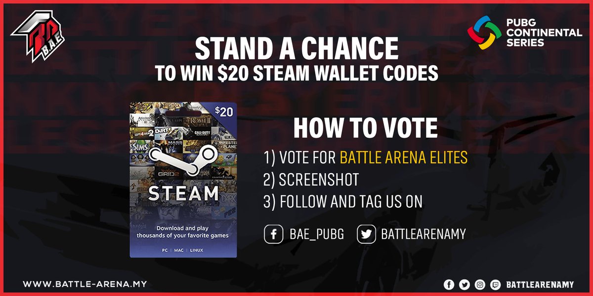 BAE_PUBG's tweet photo. We are giving away 2 steam wallet gift cards valued at $20 each!!

To enter:

✅ Vote for BAE in the PUBG Esports menu

✅ Screenshot your vote

✅ Follow @BAE_PUBG
 
✅ Reply to this tweet with your screenshot using #PCS2 #BAEWIN! https://t.co/j31fPWbHol