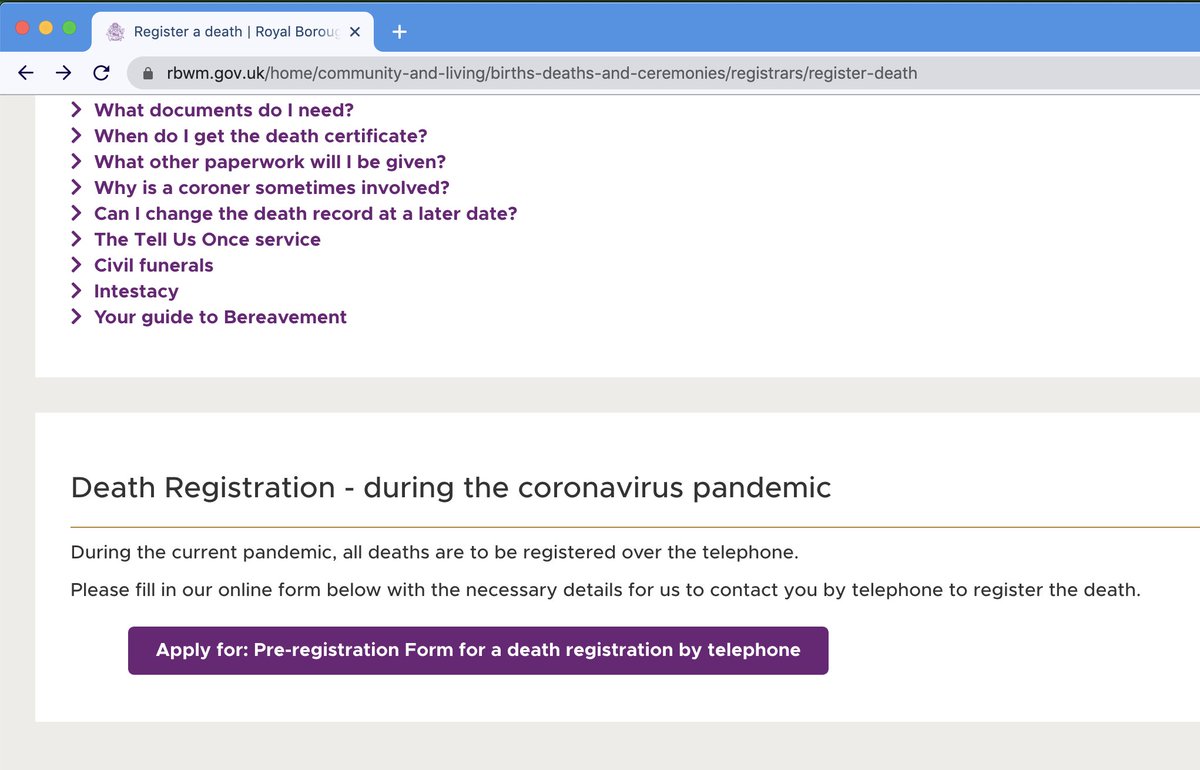 SteveWalkerWeb's tweet photo. @RBWM I am trying to register a death and the purple button linking to the form is linking to the wrong form. It seems to be linking to the "Member disclosure of gifts and hospitality" form. Do you have any idea how I can access the Register a Death form please? https://t.co/F8m2U5dCsO