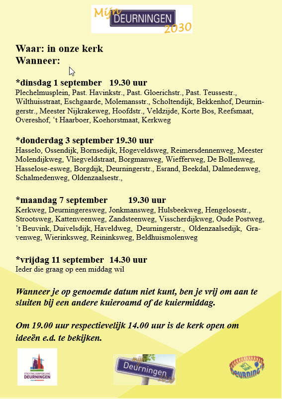 ATTENTIE: er zijn nog maar 2 bijeenkomsten van MijnDeurningen2030 m.b.t. Zorghuis, Kerk, Ontmoetingshuis, Hulpdienst Thuis: 7 sept. 19:30; 11 sept. 14:30.
VOORAL JONGEREN, LAAT JE HOREN!!! DIT IS ESSENTIEEL VOOR DE TOEKOMST VAN HET DORP!!!!
Lees meer op: deurningen.nl/op-7-en-11-sep…