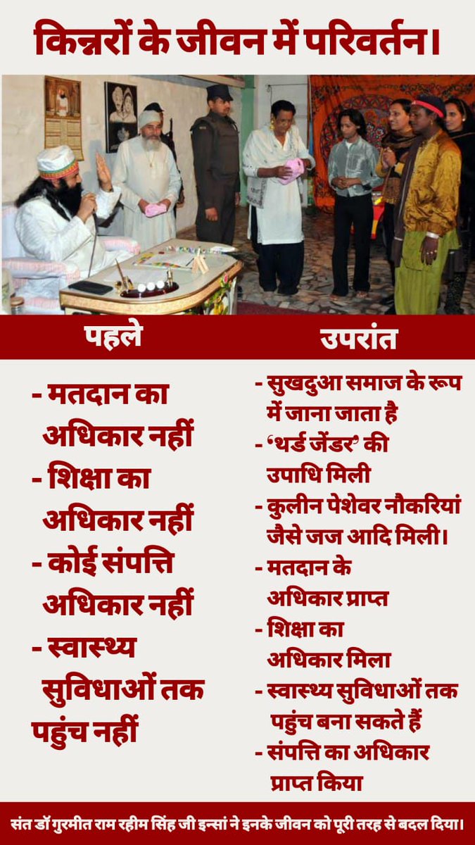 VannuNavv's tweet photo. ਜਿੰਨਾ ਨੂੰ ਸਮਾਜ ਵਿੱਚ ਖੁਸਰਾ ਜਾਂ ਕਿੰਨਰ ਕਹਿ ਕੇ ਬੁਲਾਇਆ ਜਾਂਦਾ ਸੀ, ਹੁਣ ਉਹਨਾ ਨੂੰ #SukhduaSamaj ਦੇ ਨਾਮ ਨਾਲ ਬੁਲਾਇਆ ਜਾਂਦਾ ਹੈ। ਸੰਤ ਡਾ. @Gurmeetramrahim ਸਿੰਘ ਜੀ ਇੰਸਾਂ ਨੇ ਭਾਰਤ ਵਿਚ ਇਹਨਾ ਨੂੰ ਕਾਨੂੰਨੀ ਮਾਨਤਾ ਅਤੇ ਸੰਵਿਧਾਨਕ ਅਧਿਕਾਰ ਪ੍ਰਾਪਤ ਕਰਨ ਵਿਚ ਮਹੱਤਵਪੂਰਨ ਭੂਮਿਕਾ ਨਿਭਾਈ ਹੈ। @SwamyChakrapani https://t.co/pvSyBDng6R