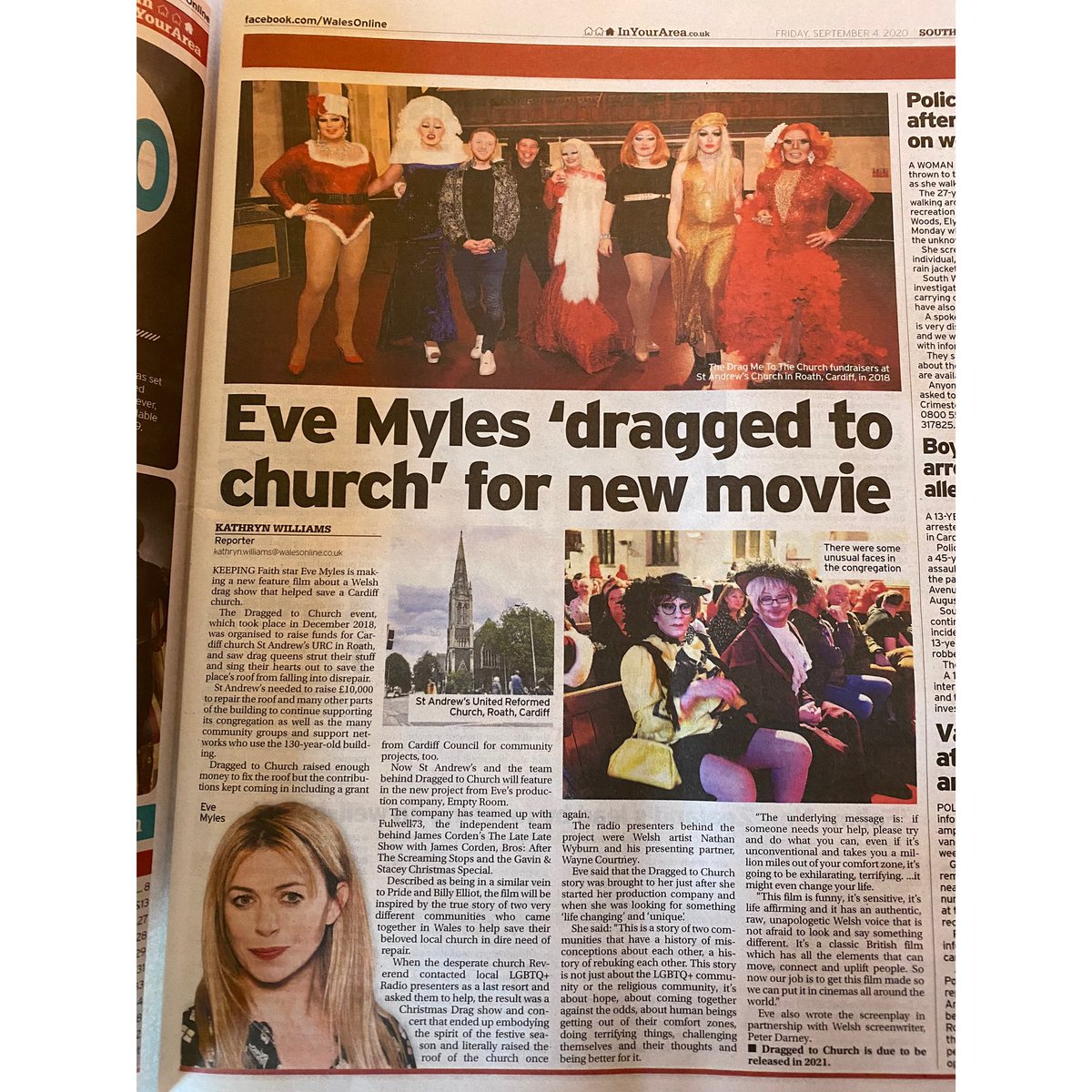 WyburnWayne's tweet photo. #DRAGGEDTOCHURCH THE MOVIE! 🎥 🍿 
In today’s South Wales Echo!! Front and PAGE 3!! @TeamEveMyles @wayne_courts @NathanWyburnArt @RJK1701 @DesKitto @GrechAngela @PeterDarney @Heatherpops @Fulwell73 @KathW80 @WalesOnline https://t.co/L3coyinMnj