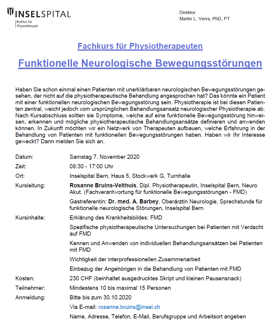 lehmann_isa's tweet photo. Fachkurs für Physiotherapeuten
Funktionelle Neurologische Bewegungsstörungen
Kursleitung: Rosanne Bruins-Velthuis, Dipl. Physiotherapeutin, Inselspital Bern, Neuro
Akut. (Fachverantwortung für funktionelle Bewegungsstörungen - FMD) #PhysioneuroInsel https://t.co/6b2TIulACT