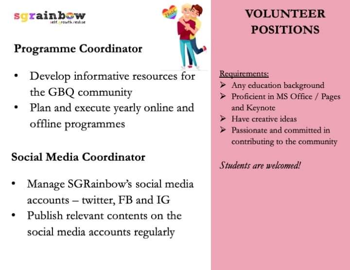 rainbowasia_org's tweet photo. We are recruiting new members to form the EXCO. Fill in the application form here: https://t.co/JUiBMp1VOi #volunteers #lgbtq #singapore #youth https://t.co/PHQP2p8Uti