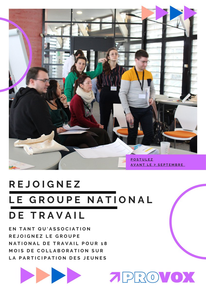 ProvoxJeunesse's tweet photo. J-3 pour rejoindre le Groupe National de Travail du dialogue des jeunes avec l' 🇪🇺 @Cnajep, @ErasmusplusJeun  et @Jeunes_gouv ! Vous êtes une association, vous voulez travailler en collectif sur le youth goal "des espaces de participation pour tous.te.s"?👉https://t.co/NMGmdL6XH5 https://t.co/NHHXWzcgcb