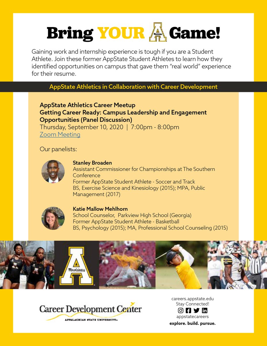 AppStateRISE's tweet photo. Join us Thursday for our next Career Meetup: Getting Experience! Special thanks to the App State Career Development Center, Stanley Broaden & Katie Mallow Mehlhorn! #CareerDevelopment #OurRISE https://t.co/jceP9iklV6