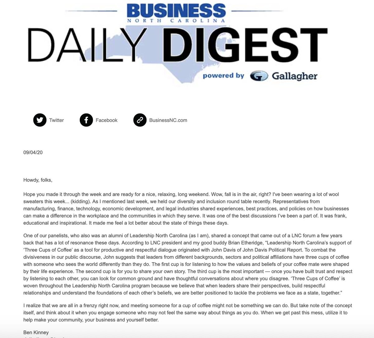 MattFerraguto's tweet photo. Great piece by @BenKinneyBNC in today’s Daily Digest on the critical role that #3CupsofCoffee can play in promoting civil discourse in our great state.
@BusinessNC @LeadershipNC https://t.co/kIOtXajKbm