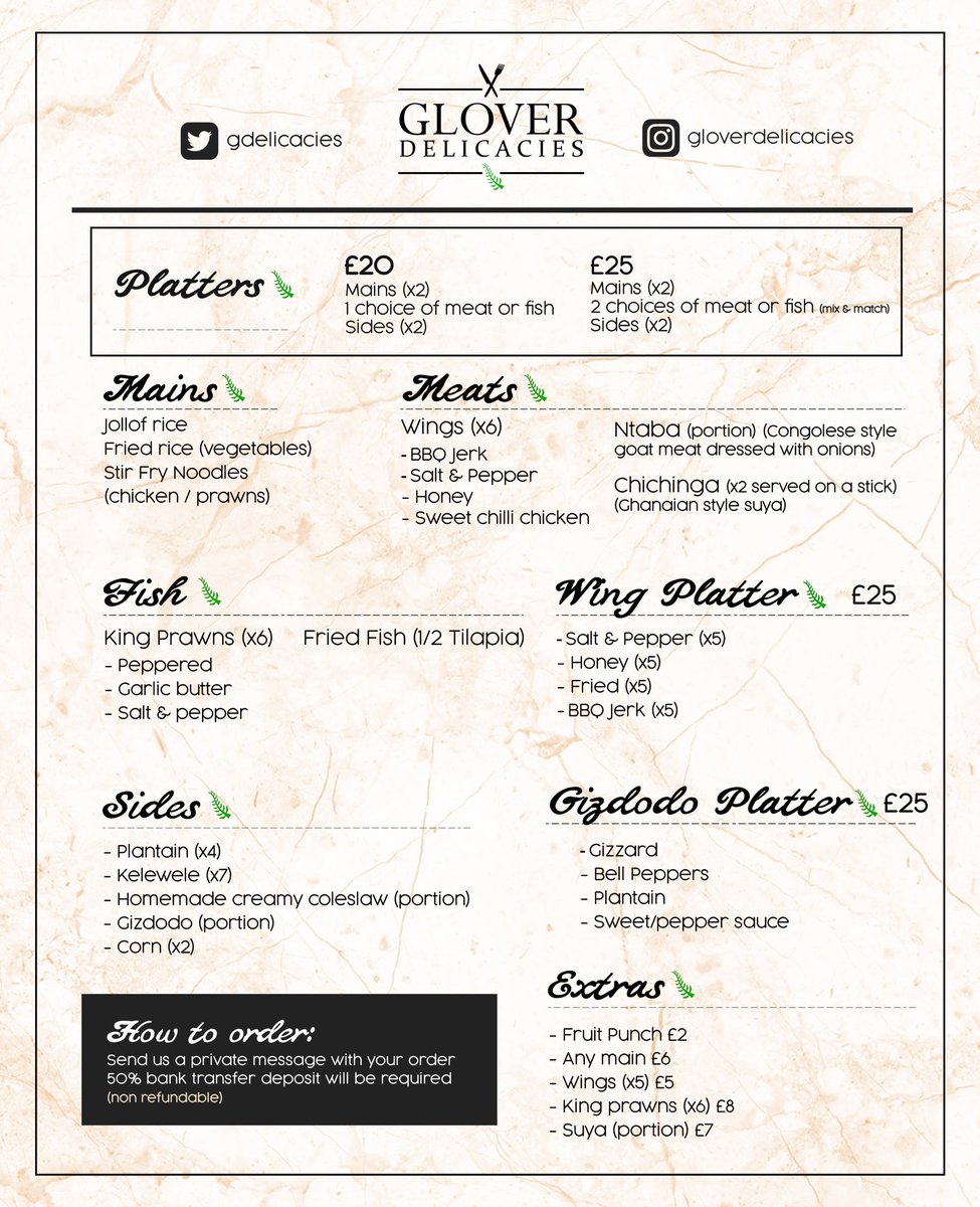 GDelicacies's tweet photo. Set menu for 14th Sept.

Taking pre orders until 7th. 

However, if we reach our capacity we will not take any more orders.

#GloverDelicacies https://t.co/U0B0dRL6OG