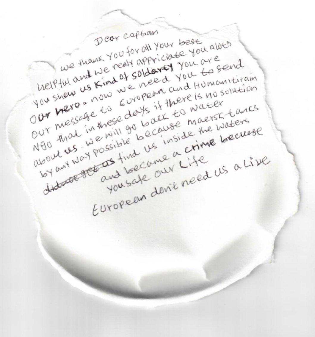 MaerskTankers's tweet photo. “Dear Captain... ” A heartfelt and heartbreaking note from the #migrants to the crew on board the #Maersk Etienne. 

The migrants were rescued a month ago and are still awaiting a humanitarian response from relevant authorities. 

#migrantcrisis #stuckatsea https://t.co/G9KTaZzcFi