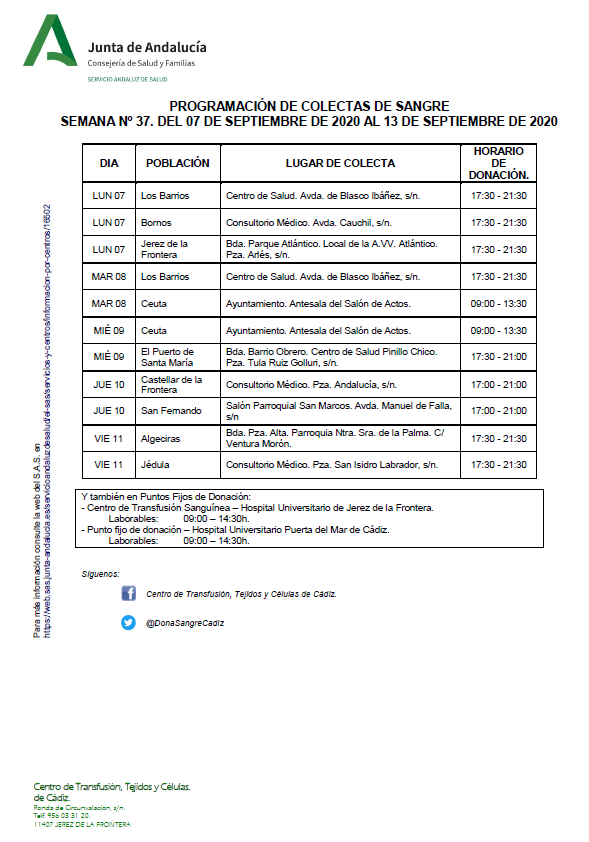 DonaSangreCadiz's tweet photo. Esta semana del 7 al 11 de sep, puedes #DonarSangre en Cádiz en: #LosBarrios #Bornos #ElPuerto #Castellar #SanFernando #MedinaSidonia #Algeciras #Jedula #Jerez #Cádiz y también en #Ceuta.
@CadizJunta
@SubdelegCadiz
@canalsurcadiz 
@RTVECeuta
@ElFarodeCeuta
@GobiernodeCeuta https://t.co/BVu6DeT2wt