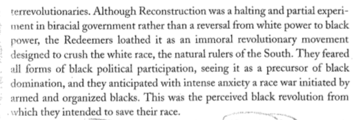 The Redeemers loathed any & all attempts at political organization by Blacks. They were terrified at the idea of a Black uprising (an uprising that existed only in their feverish minds) & used violence (which they saw as defensive & legitimate) to seize power in the mid 1870s 2/