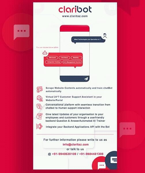 cubematch_India's tweet photo. "AI ChatBot that Supports your business by 24*7"
https://t.co/PtRYbn4VIf
#claribot #claritaz #AiChatbot #fridayMotivation #fridayFeelings #ArtificialIntelligence #AI #MobileAppDevelopment #MicrosoftServices #Business #SoftwareDevelopment #economicGrowth #india #Chennai https://t.co/ABZMFwHXjS