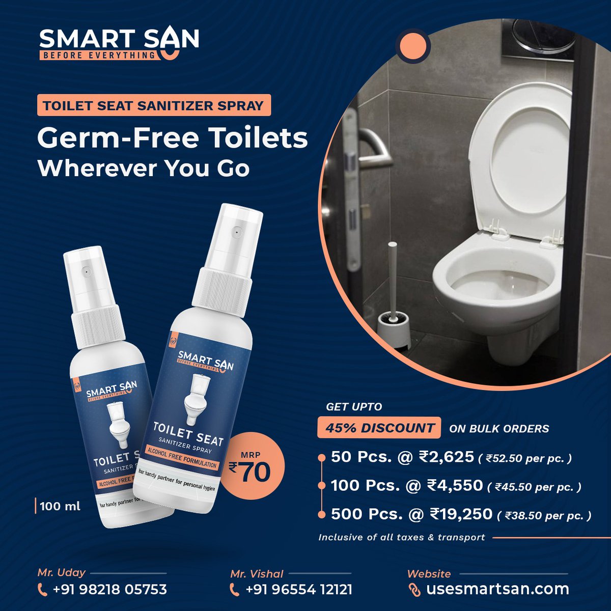 smartsanindia's tweet photo. Ensure your safety any public restroom. Get Bulk discounts upto 45% on Toilet Seat Sanitizer Spray (For Institutional Purpose).
For more details, contact Mr. Uday 9821805753.
#SmartSan #sanitizer #handsanitizer #stayhealthy #germfree #staysafe #sanitizerspray #toiletseat https://t.co/DuoVJJ4oYT