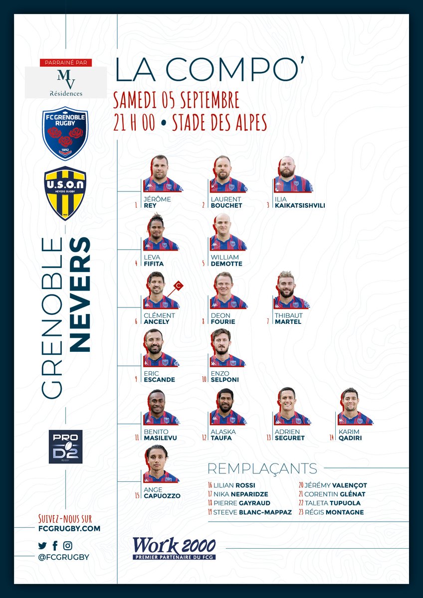 FCGrugby's tweet photo. 🔴🔵 Découvrez le XV grenoblois qui sera opposé à Nevers samedi au Stade des Alpes !

Plus d'infos : https://t.co/HwF3Arey8o #AllezFCG #FCGUSON https://t.co/pmR7ixD2Ja