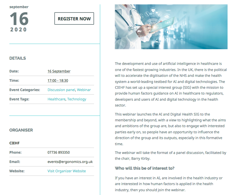 Webinar on human factors of AI in healthcare organised by <a href="/CIEHF/">CIEHF</a> special interest group.  Free to register.  Wednesday 16th September.  <a href="/Baz_k/">Barry Kirby</a> <a href="/IHabli/">Ibrahim Habli</a> @AAIP_York @EDdocUK <a href="/haroldthimbleby/">Harold Thimbleby</a> <a href="/Digital_Rach/">Rachel Pool</a>